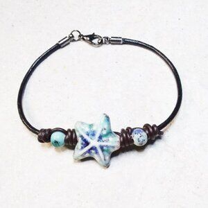 Coastal Cowgirl! Boho Beach Lovers! Ceramic Starfish + Beads + Knotted Leather